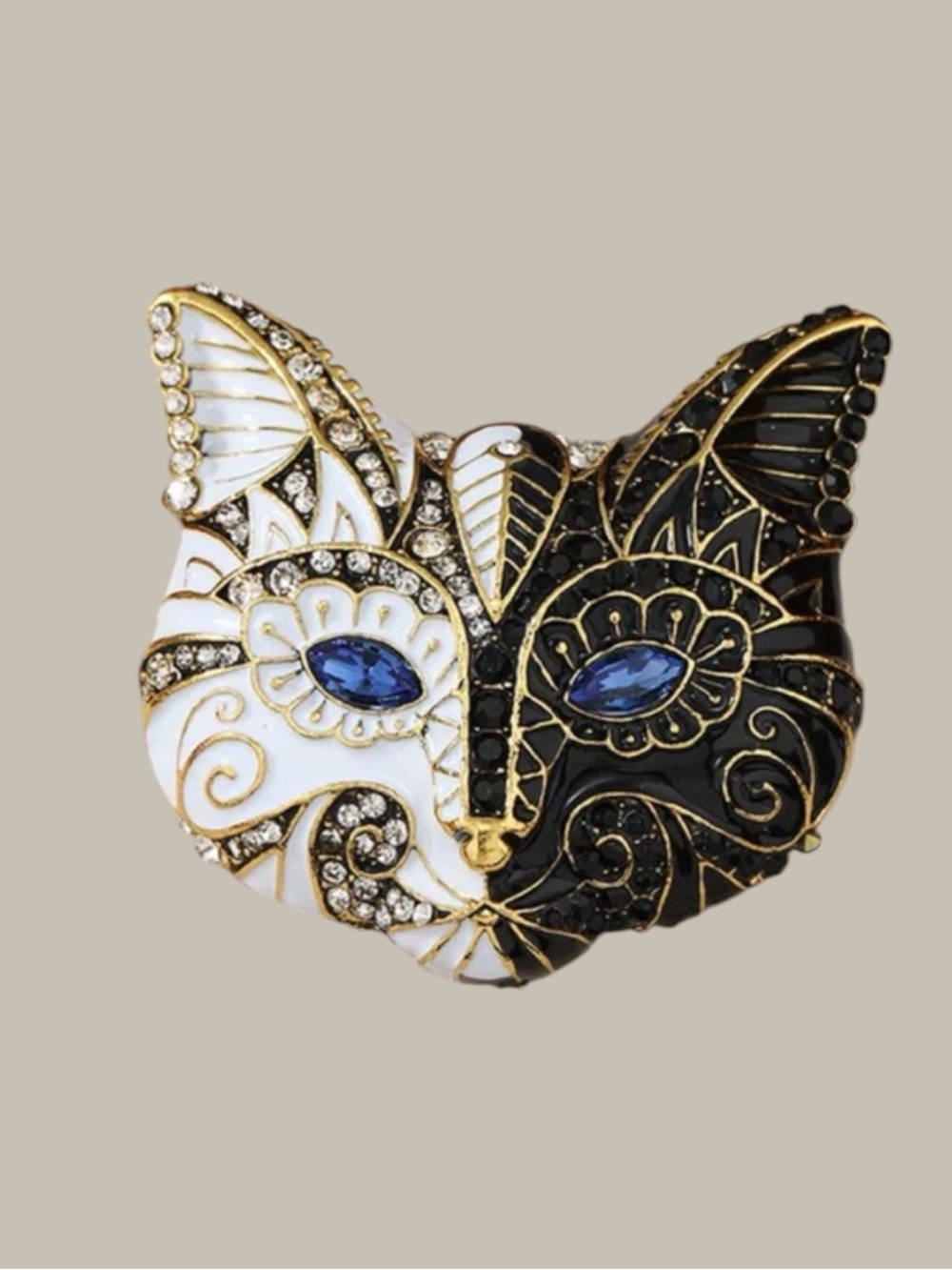 Black White Cat Brooch Rhinestone Blue Eyes Statement Pin